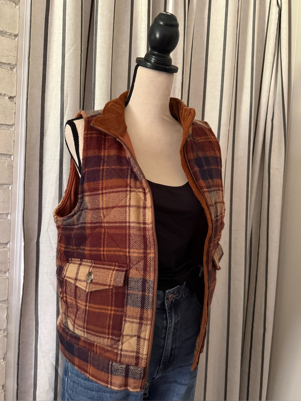 Plaid Quilted Vest in Rust and Cream - Women Jackets & Coats
